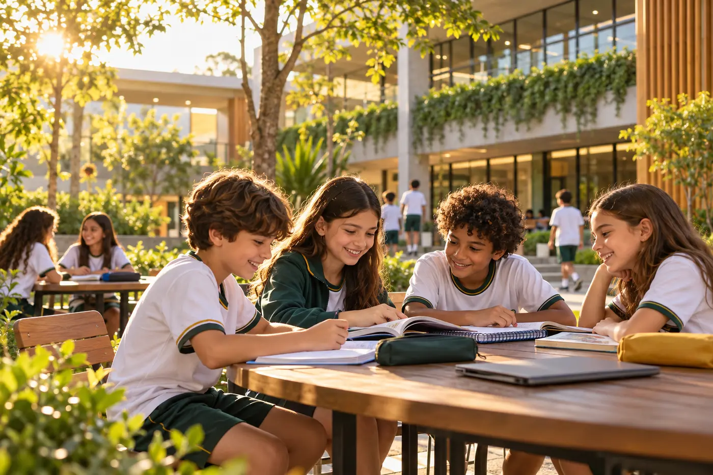 Estudantes aprendendo juntos no pátio da escola